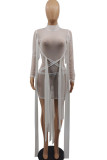 Blue Sexy Solid Bandage Patchwork See-through O Neck Pencil Skirt Dresses