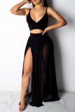 Red Sexy Solid Mesh Spaghetti Strap Sleeveless Two Pieces