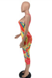 Multicolor Fashion Sexy Print Hollowed Out Frenulum O Neck Irregular Dress