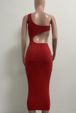 Red Sexy Solid Hollowed Out Patchwork Oblique Collar Pencil Skirt Dresses