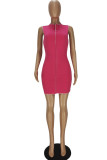 Rose Red Sexy Casual Solid Split Joint O Neck Sleeveless Dress