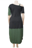Green Fashion Casual Plus Size Patchwork Asymmetrical Oblique Collar Short Sleeve Dress