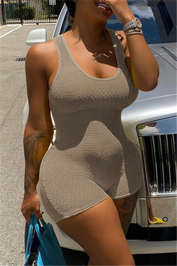 Grey Fashion Casual Solid Backless U Neck Sleeveless Skinny Romper