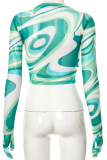 Green Sexy Print Hollowed Out Patchwork O Neck Tops