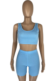 Blue Casual Solid Split Joint U Neck Sleeveless Two Pieces