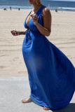 Blue Fashion Sexy Solid Backless V Neck Vest Dress