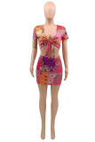 Multicolor Fashion Sexy Print Basic V Neck Short Sleeve Two Pieces
