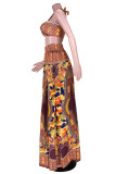 Yellow Fashion Sexy Print Backless Halter Sleeveless Two Pieces