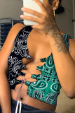 Green Sexy Casual Patchwork Print Bandage Hollowed Out Tops