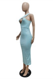 Light Blue Fashion Sexy Solid Hollowed Out One Shoulder Sleeveless Dress