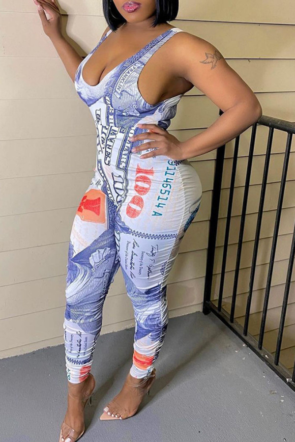 White Sexy Print Split Joint U Neck Skinny Jumpsuits