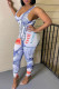 White Sexy Print Split Joint U Neck Skinny Jumpsuits
