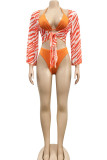 Orange Sexy Print Split Joint Frenulum Swimwears Three pieces