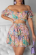 Pink Sexy Print Patchwork Off the Shoulder Short Sleeve Two Pieces