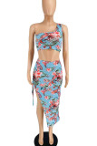 Cyan Sexy Print Patchwork Frenulum Backless High Opening Fold Oblique Collar Two Pieces