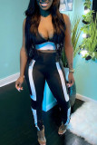 Blue Sportswear Geometric Print Patchwork V Neck Sleeveless Two Pieces