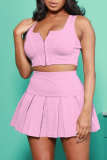 Pink Casual Solid Patchwork V Neck Sleeveless Two Pieces