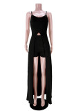 Black Fashion Sexy Solid Backless Slit Spaghetti Strap Sleeveless Two Pieces