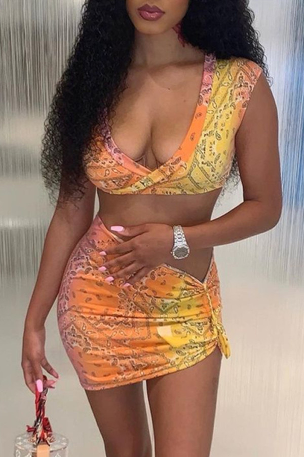 Orange Fashion Sexy Print Vests V Neck Sleeveless Two Pieces