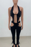 Black Sexy Solid Hollowed Out Halter Sleeveless Two Pieces