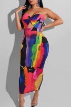 Multi-color Sexy Print Split Joint Strapless Pencil Skirt Dresses