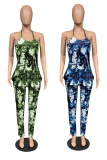 Blue Sexy Print Patchwork Halter Straight Jumpsuits