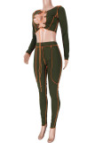 Burgundy Sexy Solid Hollowed Out Patchwork Frenulum O Neck Long Sleeve Two Pieces