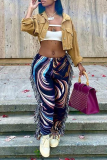 White Casual Print Tassel Regular Mid Waist Straight Full Print Bottoms
