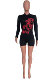 Black Fashion Sexy Print Backless Half A Turtleneck Skinny Romper