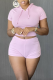 Pink Sportswear Solid Patchwork Hooded Collar Short Sleeve Two Pieces