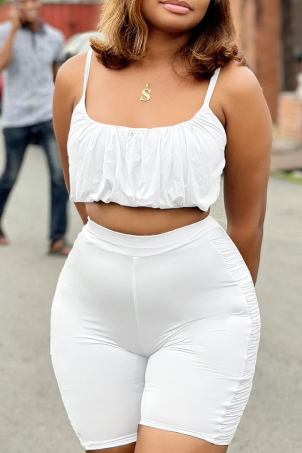 White Sexy Casual Solid Backless Spaghetti Strap Sleeveless Two Pieces