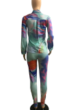 Blue Casual Print Patchwork Turndown Collar Long Sleeve Two Pieces