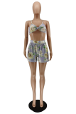 Yellow Sexy Print Patchwork Spaghetti Strap Sleeveless Two Pieces
