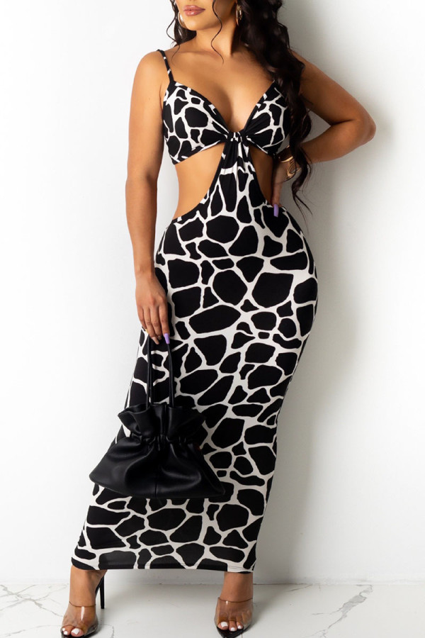 Black And White Sexy Print Hollowed Out Split Joint Spaghetti Strap Dresses