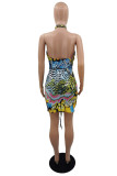 Blue Fashion Sexy Print Hollowed Out Backless Halter Sleeveless Dress Dresses