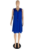 Blue Fashion Casual Plus Size Solid Basic V Neck Sleeveless Dress
