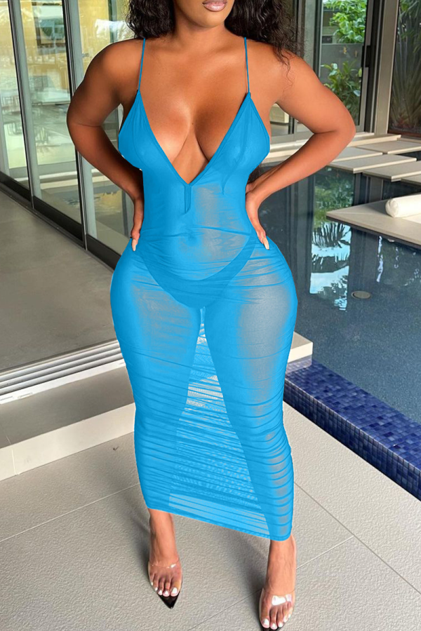Sky Blue Sexy Solid Mesh Spaghetti Strap Pencil Skirt Dresses