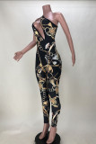 Black Fashion Sexy Print Hollowed Out Backless One Shoulder Skinny Jumpsuits