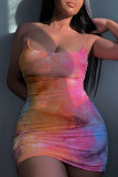 Pink Sexy Print Ripped Hollowed Out Patchwork Backless Spaghetti Strap Sling Dress Dresses