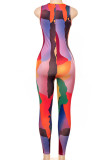 Light Blue Sexy Print Hollowed Out Patchwork Frenulum V Neck Skinny Jumpsuits