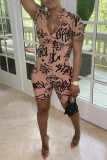 Pink Fashion Casual Print Basic Zipper Collar Regular Romper
