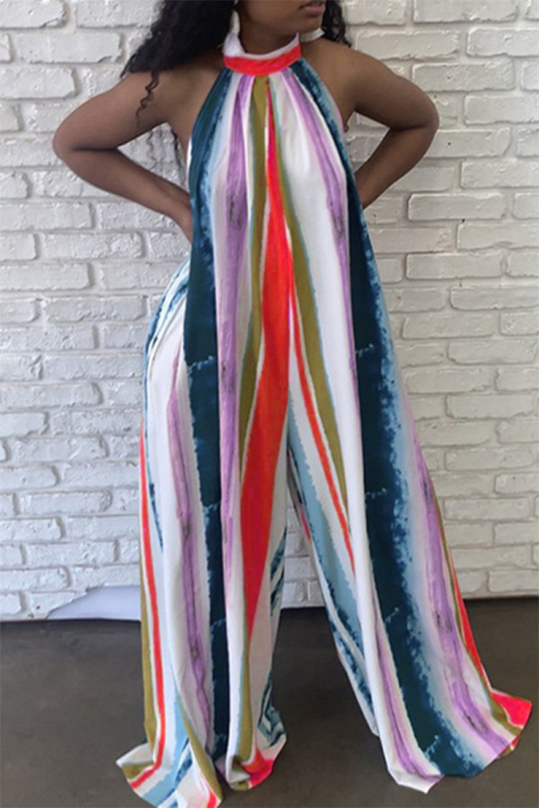 Red Casual Striped Print Backless Turtleneck Regular Jumpsuits
