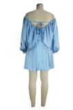 Light Blue Casual Solid Split Joint Off the Shoulder Cake Skirt Plus Size Dresses