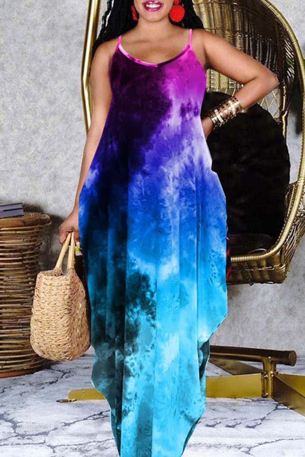 Blue Fashion Casual Print Tie Dye Backless Spaghetti Strap Sleeveless Dress