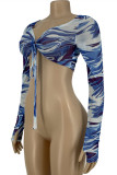 Blue Fashion Sexy Print Bandage Backless Off the Shoulder Tops