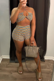 Brown Sexy Striped Patchwork Halter Sleeveless Two Pieces