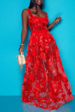 Red Fashion Sexy Patchwork See-through Backless Spaghetti Strap Sleeveless Two Pieces