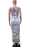 Colour Sexy Print Patchwork One Shoulder Pencil Skirt Dresses