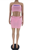 Pink Fashion Sexy Print Backless Strap Design Strapless Sleeveless Three-piece Set