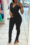 Pink Fashion Casual Solid Bandage Slit V Neck Short Sleeve Two Pieces